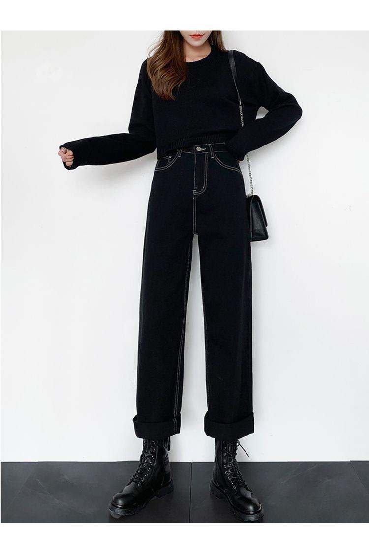 Plus Size Fleece Padded Jeans High Waist Loose Wide Leg Pants