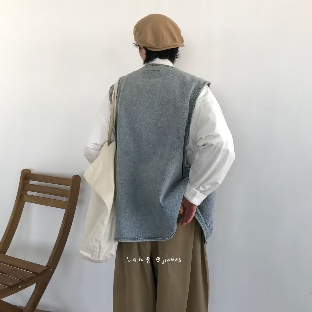 Retro Worn Looking Washed-out Denim Frock Vest Neutral Street Style