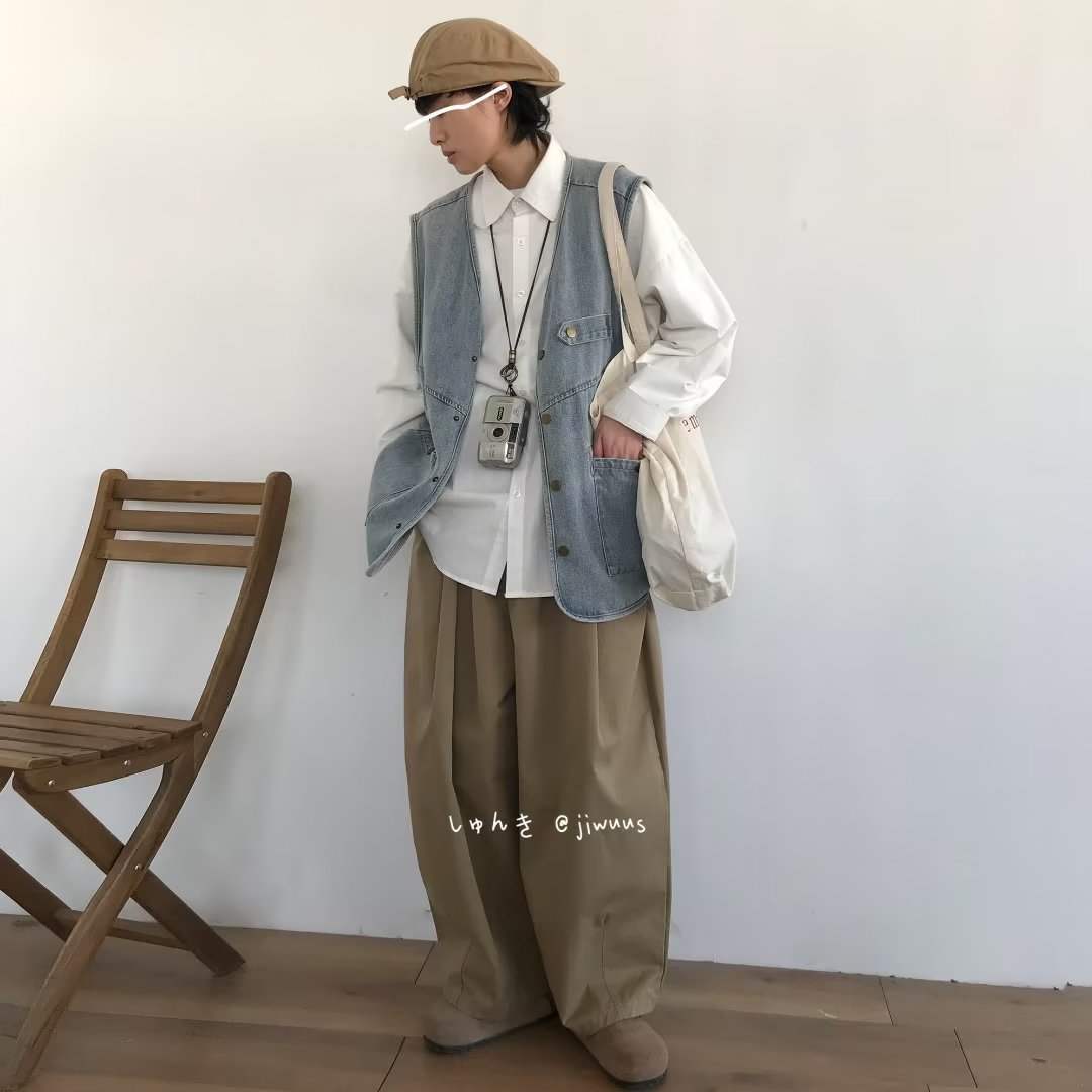 Retro Worn Looking Washed-out Denim Frock Vest Neutral Street Style