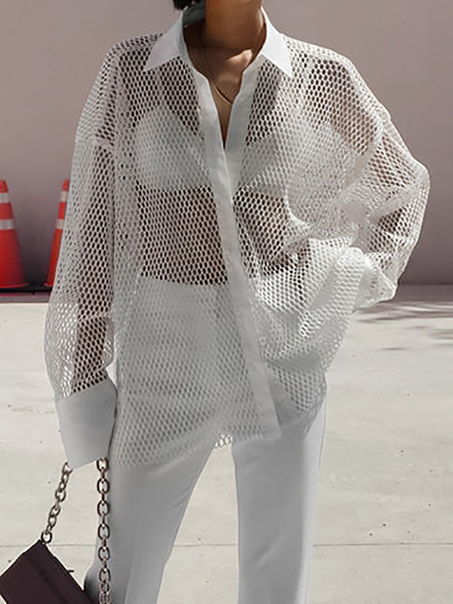 White Mesh See-through Women's Shirt