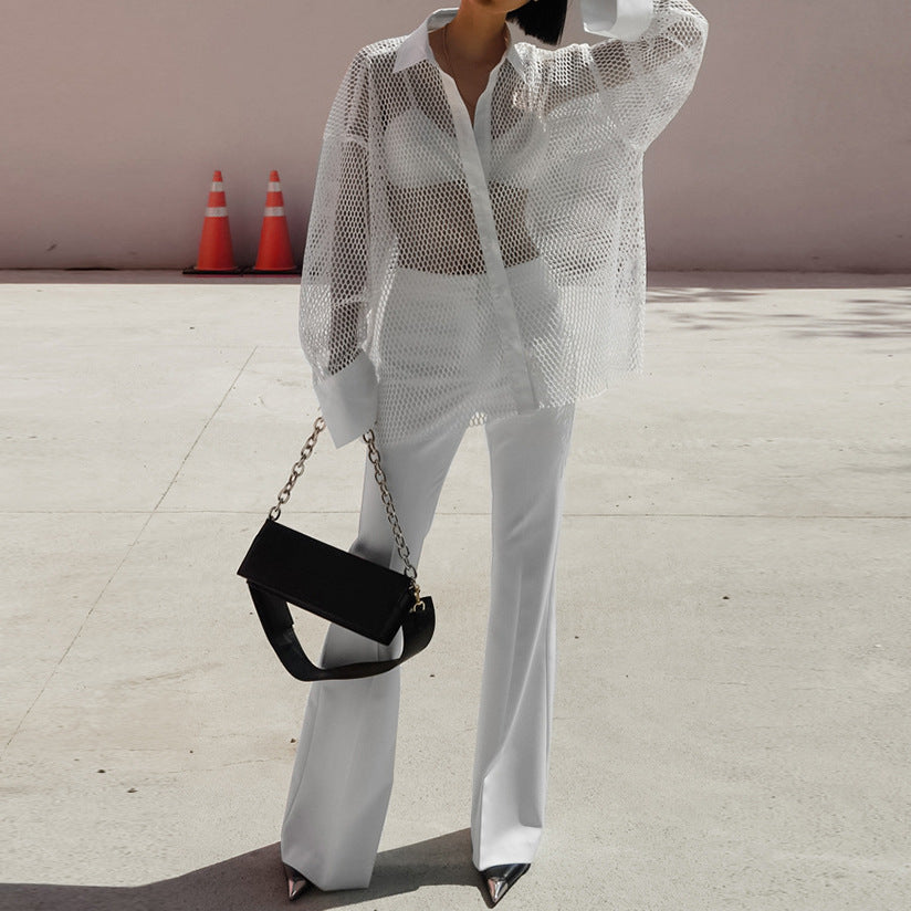 White Mesh See-through Women's Shirt