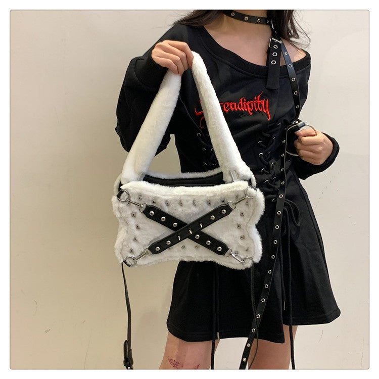 Sweet Cool Hot Girl Rivet Plush Shoulder Bag