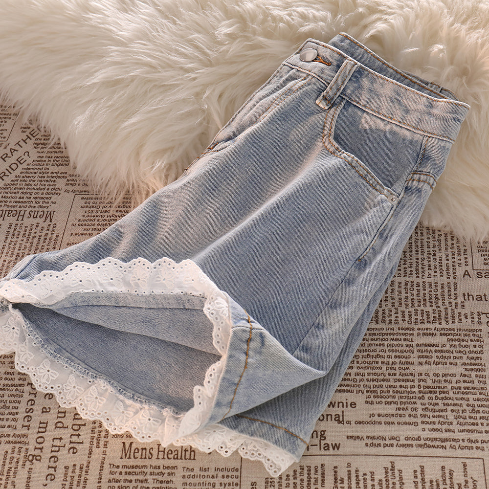 Denim Shorts Women's High-waist Lace Design Hot Pants