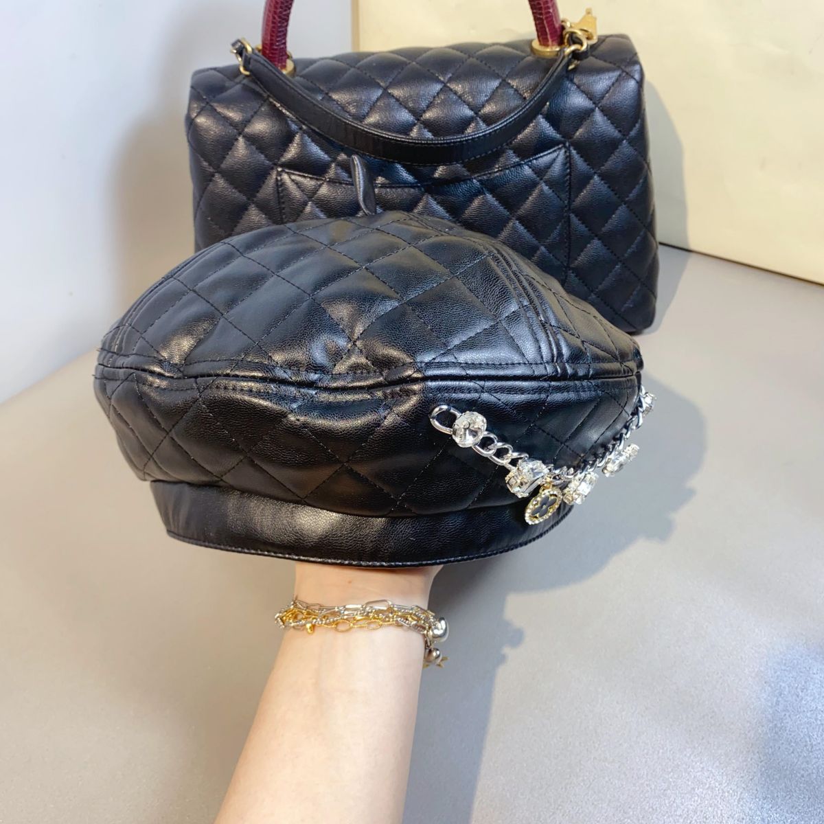 Artificial Leather Diamond Plaid Beret Street