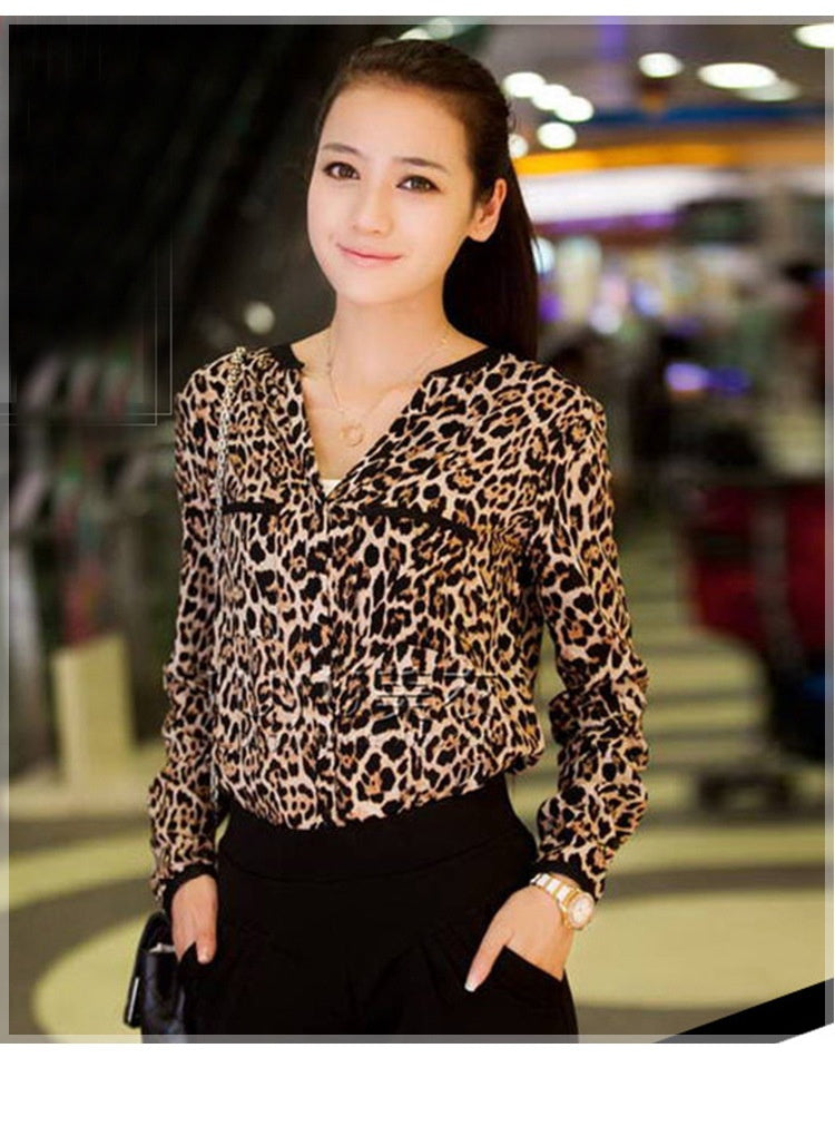 Casual Chiffon Shirt Women's Leopard Print Pattern Anti-DDoS Stand Collar Shirt