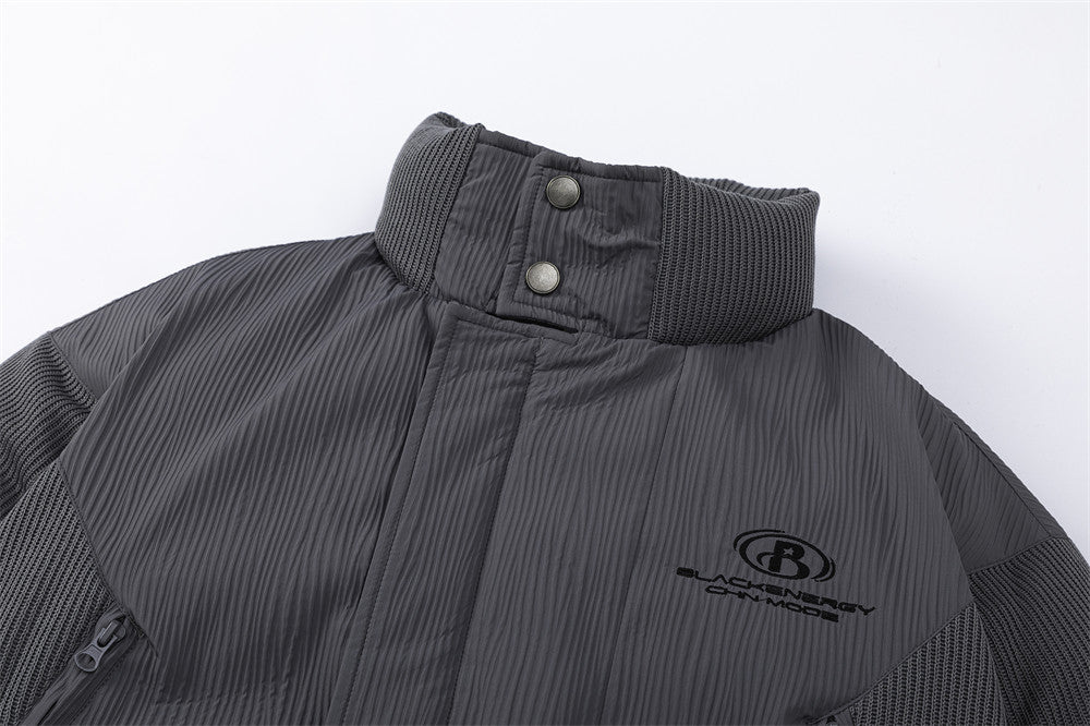 Pleated Design Loose Casual Pocket Zipped Stand Collar Cotton-padded Coat
