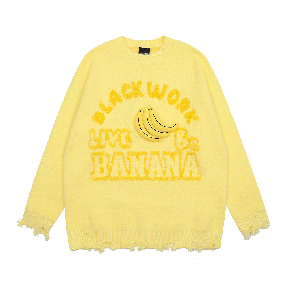 Banana Round Neck Sweater Men's High Street Ripped Ripped