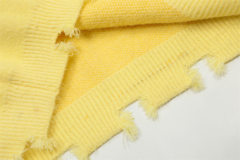 Banana Round Neck Sweater Men's High Street Ripped Ripped