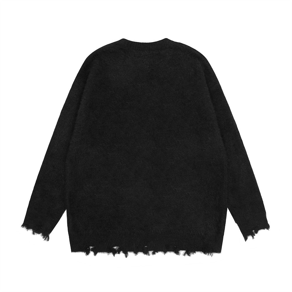 Banana Round Neck Sweater Men's High Street Ripped Ripped