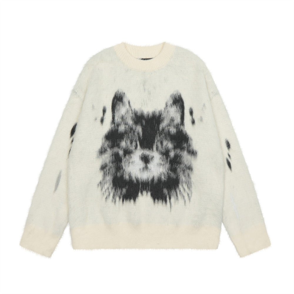 Animal Jacquard Brushed Round Neck Sweater Men's Loose