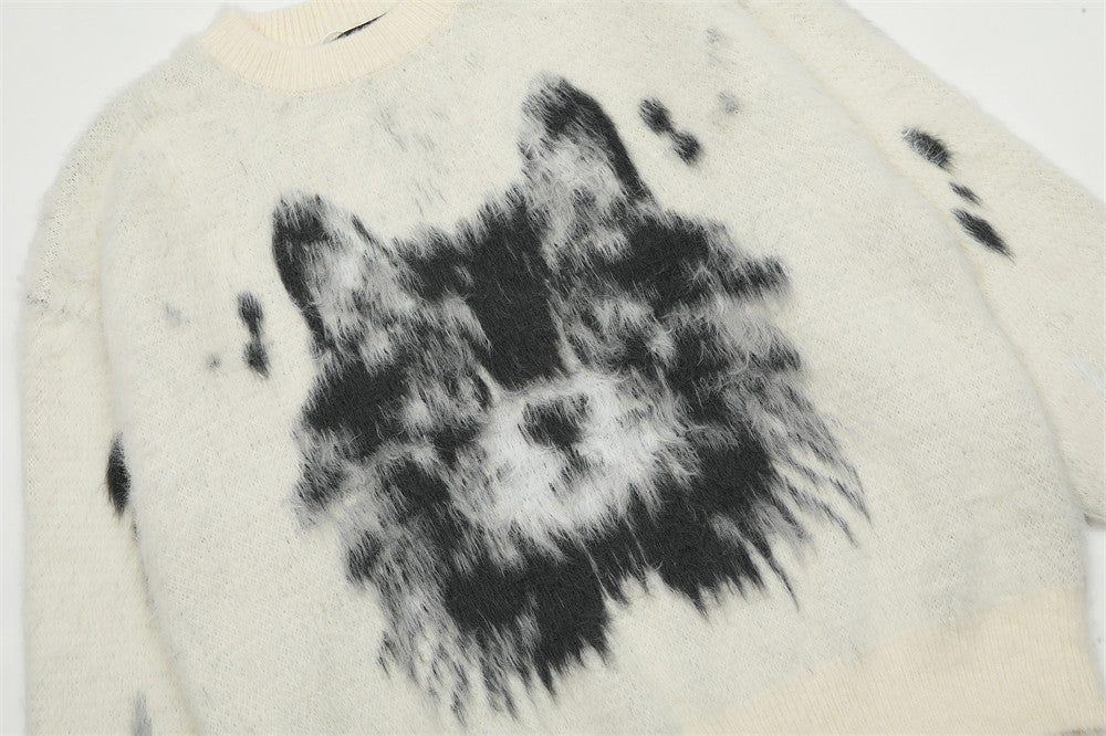 Animal Jacquard Brushed Round Neck Sweater Men's Loose