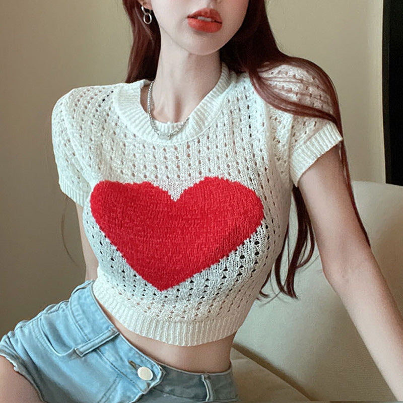Women's Summer Round Neck Printed Hollow-out Knitted Short-sleeved T-shirt