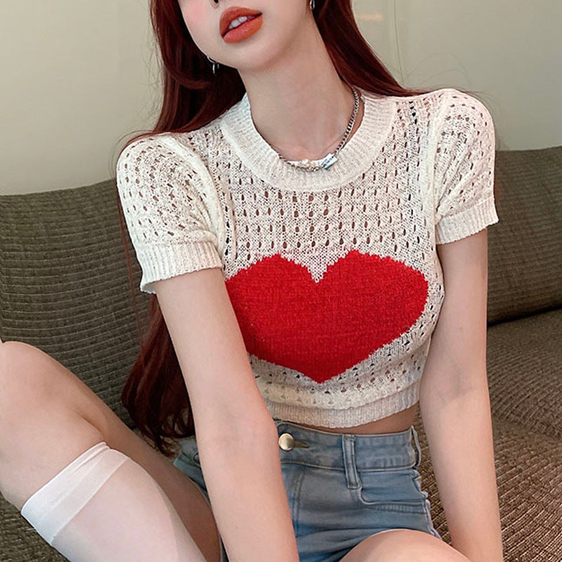 Women's Summer Round Neck Printed Hollow-out Knitted Short-sleeved T-shirt