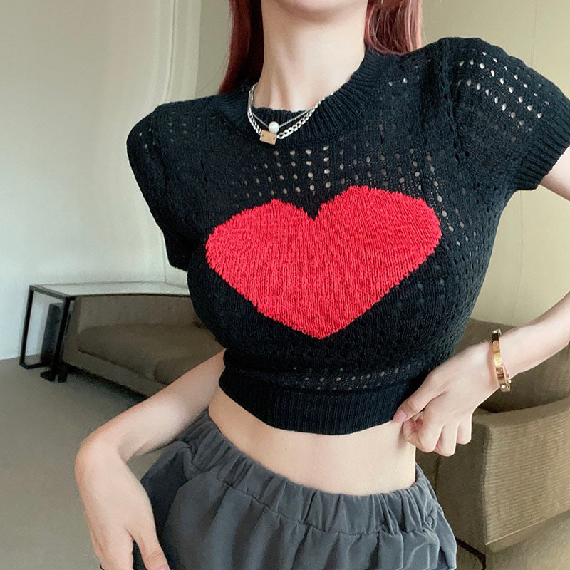 Women's Summer Round Neck Printed Hollow-out Knitted Short-sleeved T-shirt