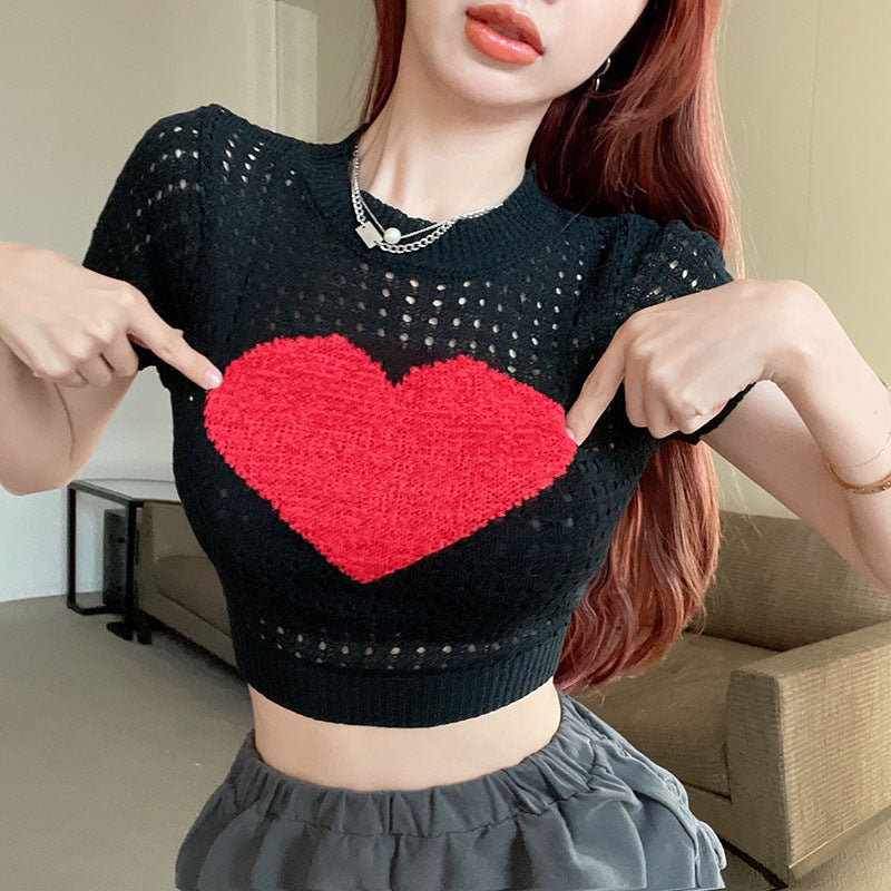 Women's Summer Round Neck Printed Hollow-out Knitted Short-sleeved T-shirt