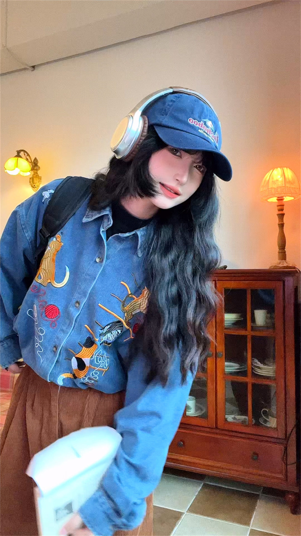 Women's Cat Embroidered Retro Denim Shirt Coat