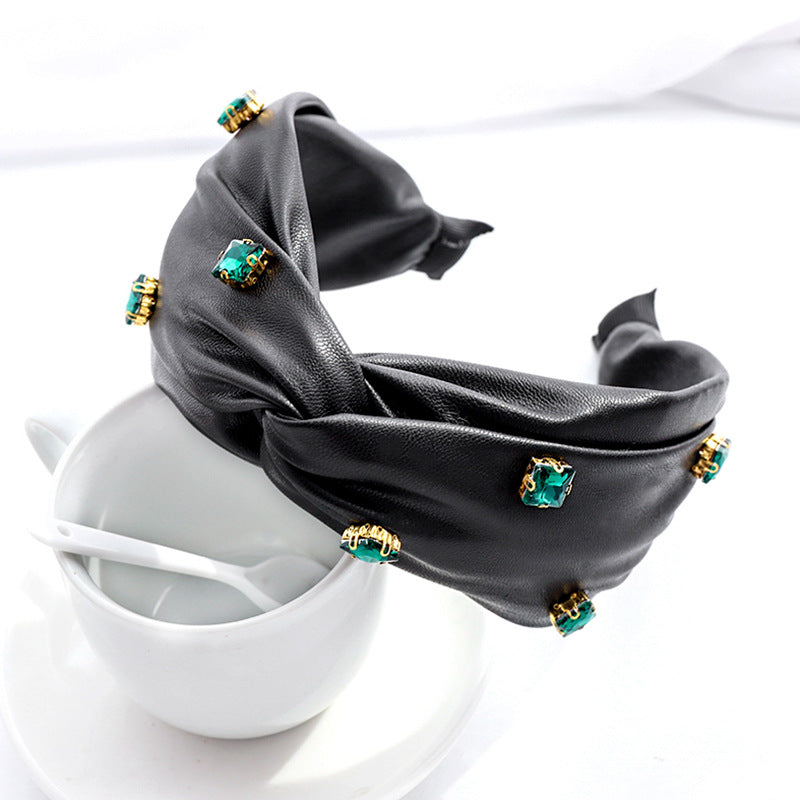 Leather Cross Knot Hairband Green Big Stone Headband Hair Accessories 23 orders