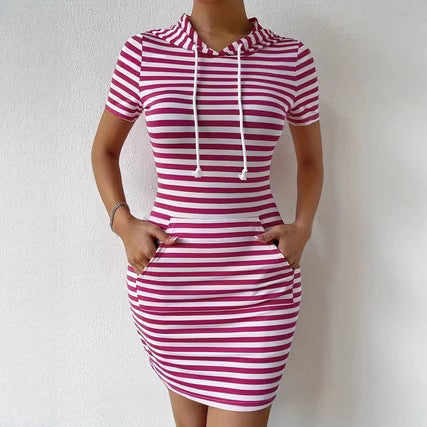 Fashionable Resort-Style Striped Drawstring Hooded Slim-Fit Dress