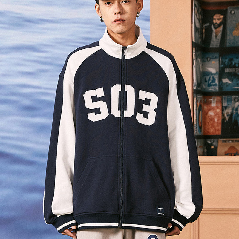 Scratched Contrast Patch Embroidered Baseball Jacket
