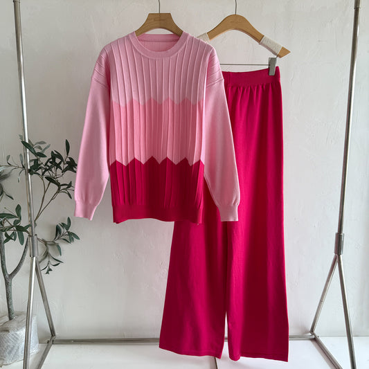 New Casual Contrast Color Round Neck Long Sleeve Women's Suit