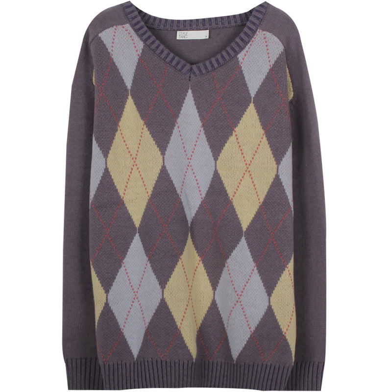 American Retro Gray Blue V-neck Diamond Knitted Sweater Women