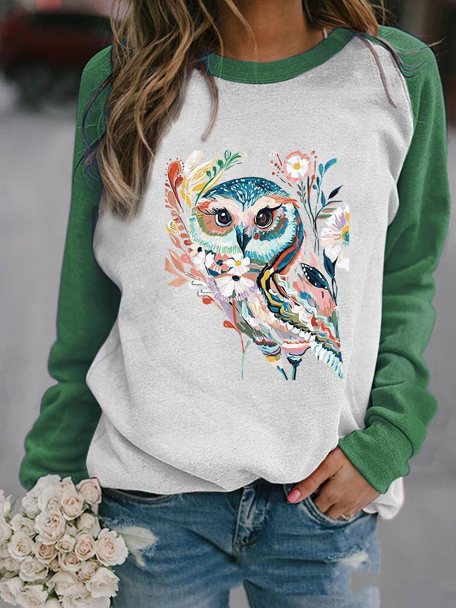 Autumn Animal Graphic Print Crew Neck Raglan Long-sleeved Top