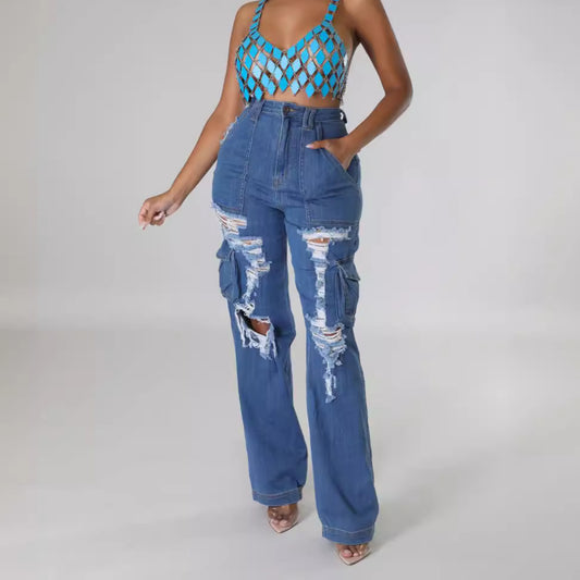 Ripped Jeans til kvinder med flere lommer, ripped, stretch