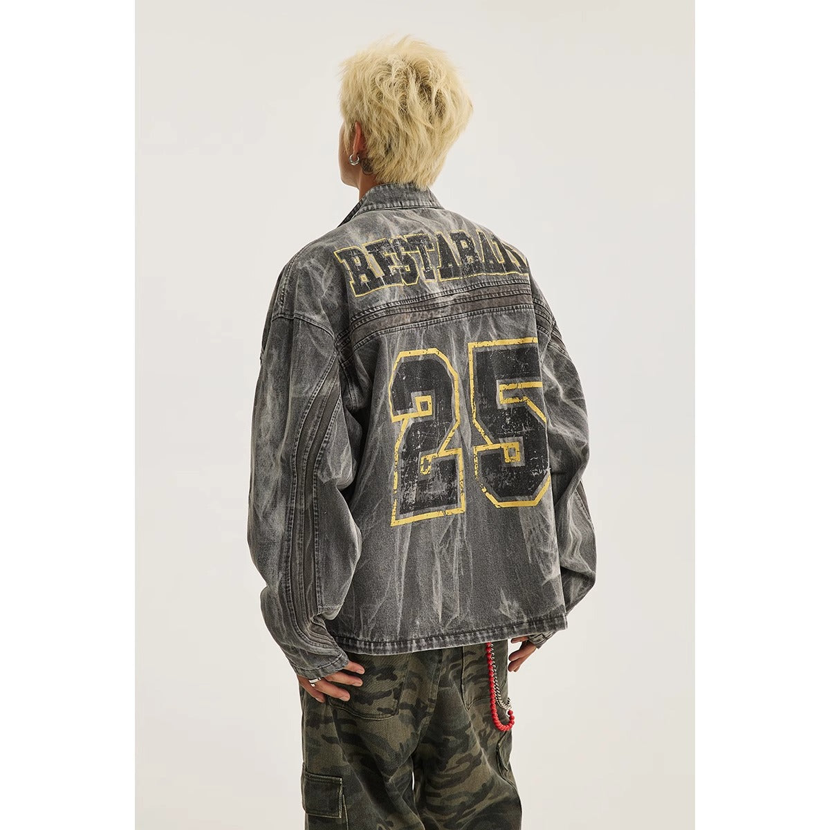 American High Street Distressed Graffiti Patterned Denim Jacket