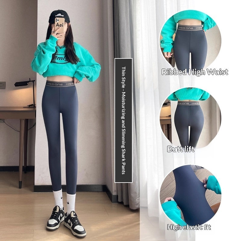 High-stretch Shark Pants Made From Thickened Coral Fleece Fabricslim-fit Warming Leggings Perfect For Autumn