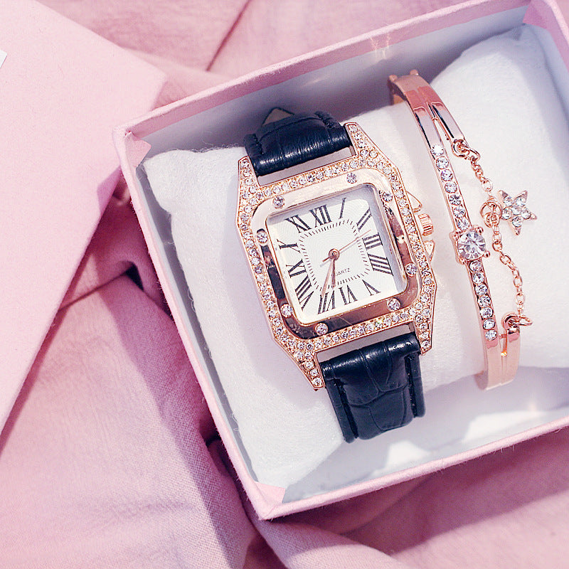 Square Dial Belt Quartz Watch + Star Bracelet