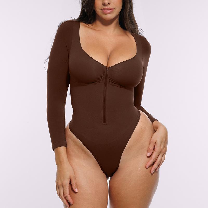 Womens Solid Color Long-Sleeve Half-Zip Jumpsuit