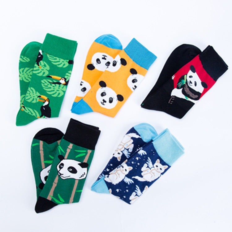 Happy tide socks, pandas, flowers and birds, colorful, high tube, casual cotton socks