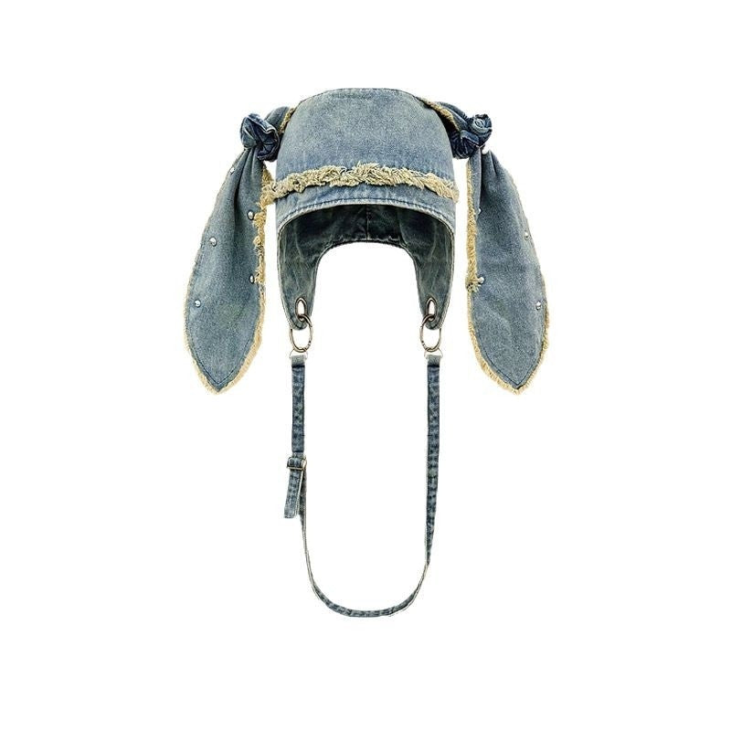 Water Washed Distressed Denim Bag And Hat Rabbit Ear Fringed Pullover Cap
