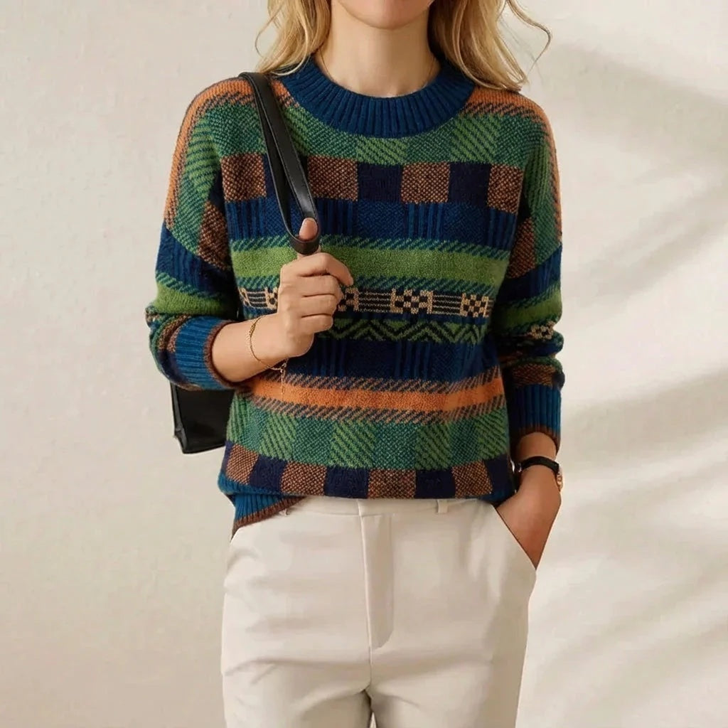 Womens Crew-Neck Sweater With Striped Paneling