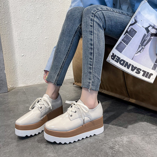 Women's Lace-up Square Toe Patent Leather Platform Shoes