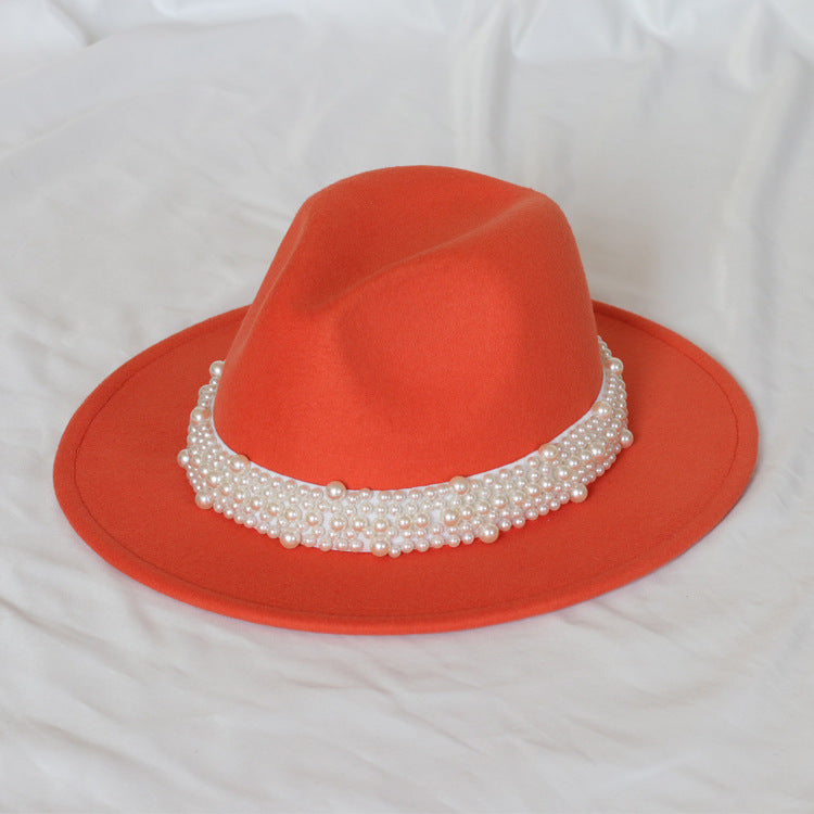 Handmade Pearl Top Hat Big Brim Fur Felt Hat