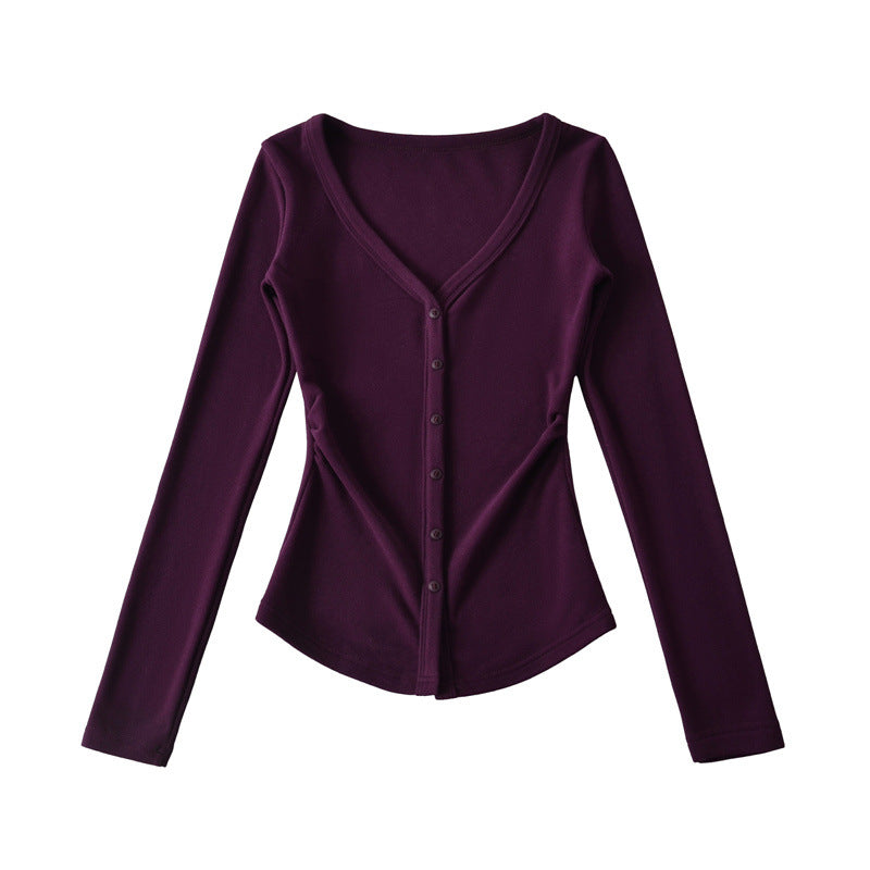 Macaron-colored V-neck Button-front Waist-cinching Top With Long Sleeves