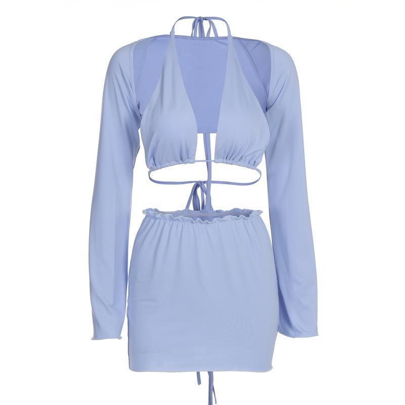 Lace-up Halterneck Braces Long Sleeve Waistcoat Skirt Three-piece Suit