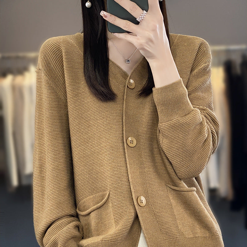 V-neck Solid Color Double Pocket Buckle 100 Cotton Thread Long Sleeve Lazy And Loose Casual Spring Knitted Cardigan For Women