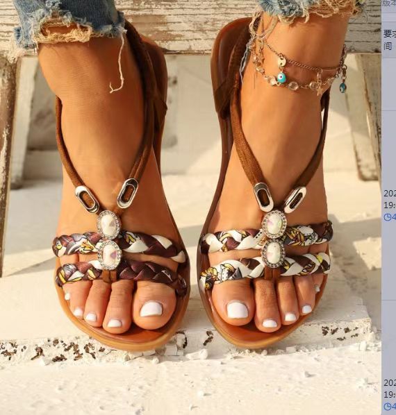 Round Head Woven Fashion Outdoor Sandals Flat Bottom Plus Size