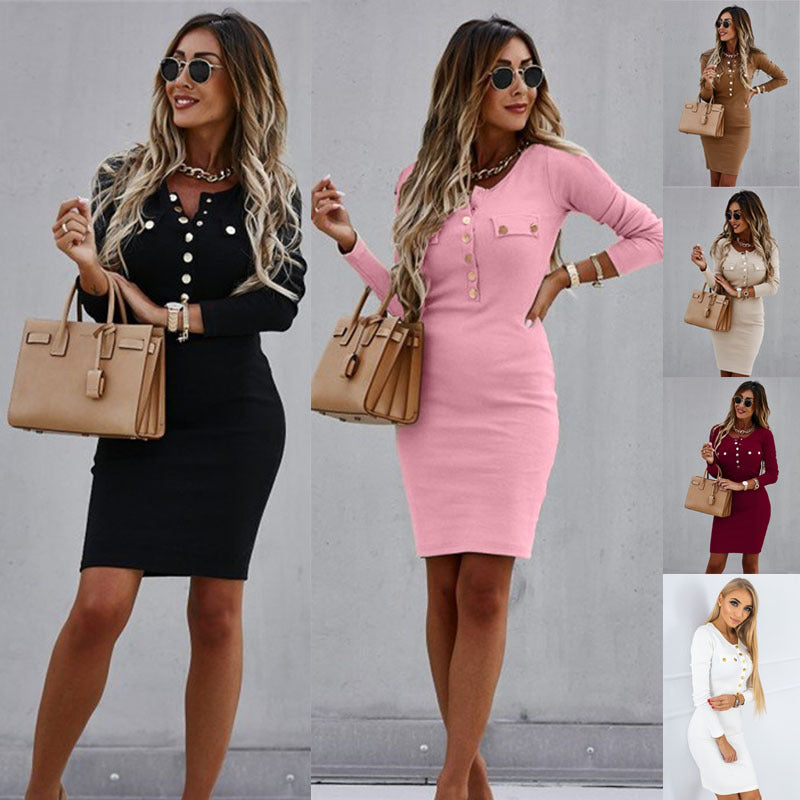 Women's Long-sleeved Round Neck Button Dress