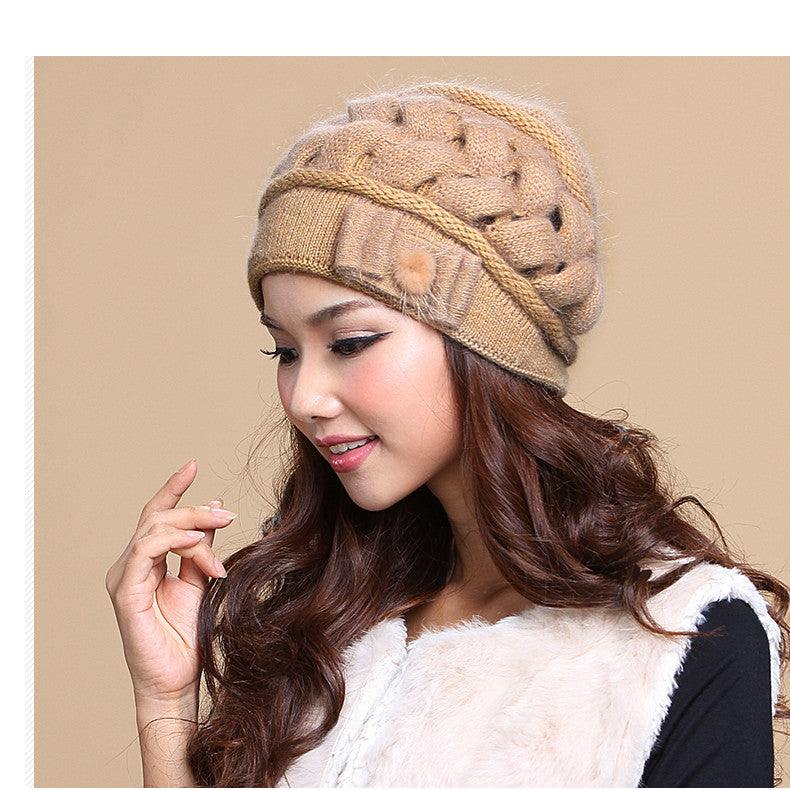 Women's Autumn And Winter Wool Double Layer Warm Knitted Rabbit Fur Hat