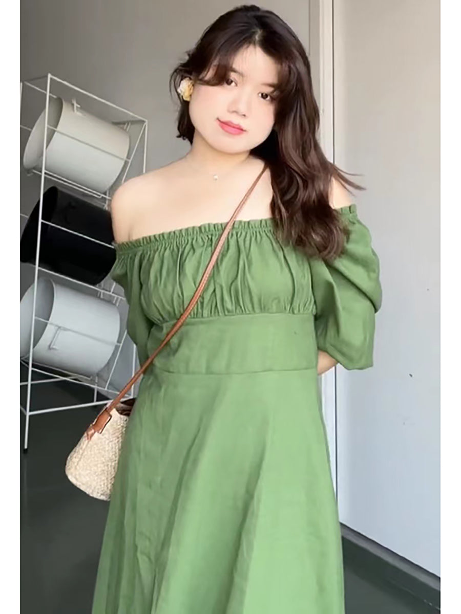 French Vintage Bubble Sleeve Square Neck Pleated Dress