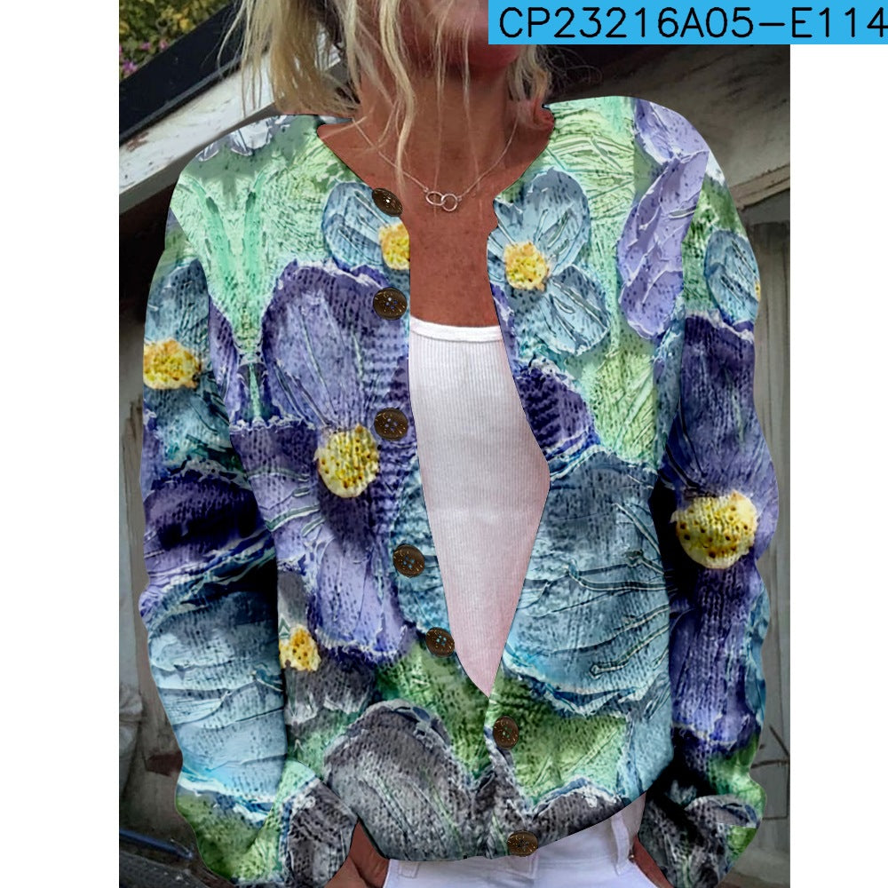 Ny strikket cardigan med 3D-print i løs pasform til damer – efterårs- og vinterstil