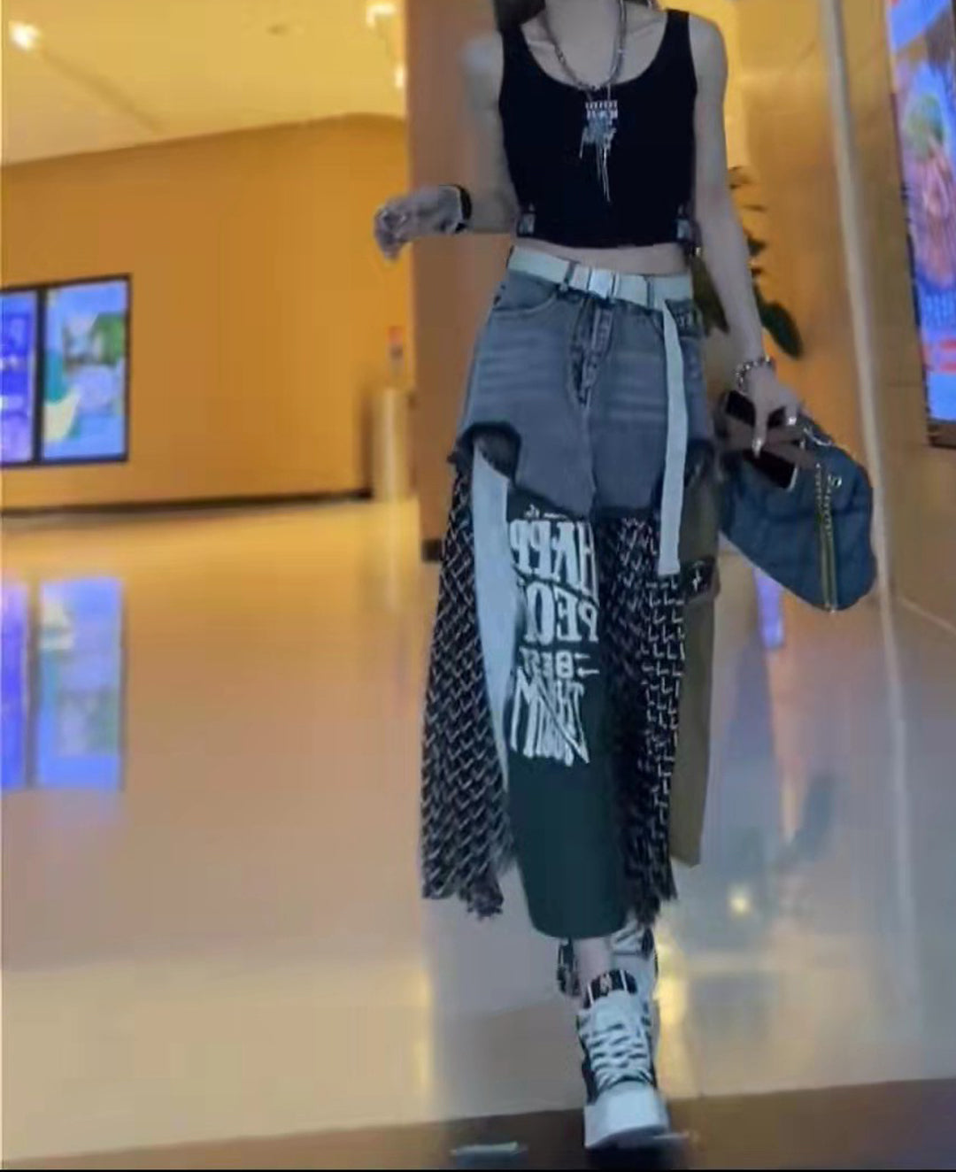 Women's High Waist Washed Denim Splicing Fashion Print Casual Skirt