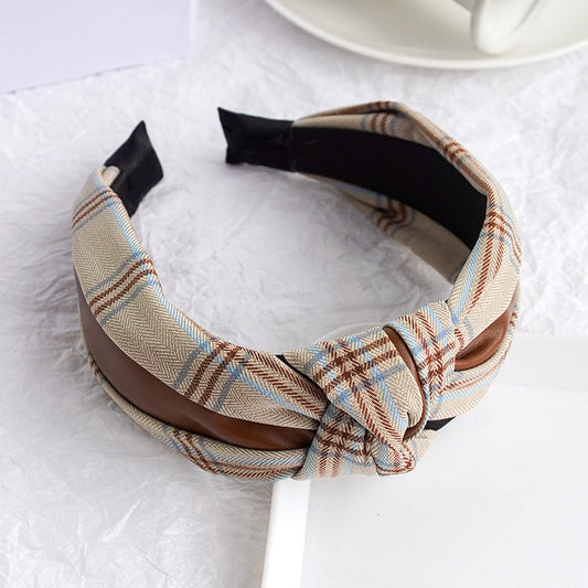 PU Imitation Leather Knotted Wide Side Fashionable Plaid Striped Headband