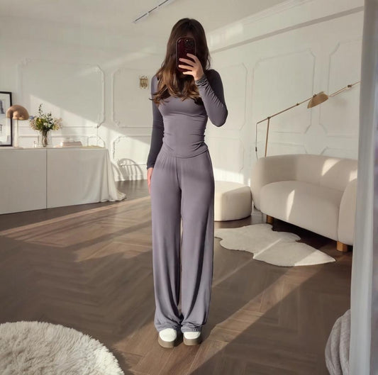 Women's Round Neck Solid Color Wide Leg Pants Stylish Office Suit