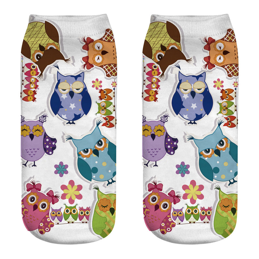 Printed Female Socks Owl Pattern Animal 3D Printed Short Socks