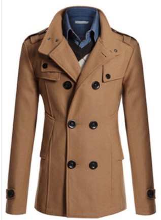 Trenchcoat i uld til mænd med stående krave og lange ærmer
