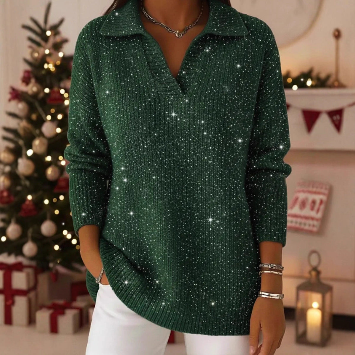 Ny Ensfarvet Langærmet Top Glitrende Sweater